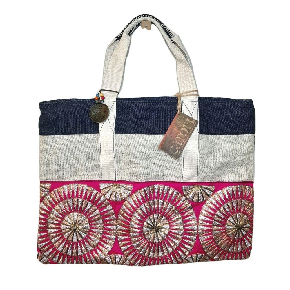 NEW Catori Sun N Sand Zip Bag Tote with Colorful Metallic Embroidery